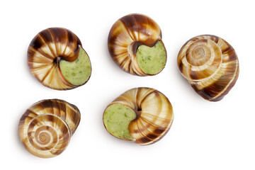 escargot snail filled with garlic and parsley butter isolated on white background. Top view. Flat lay
