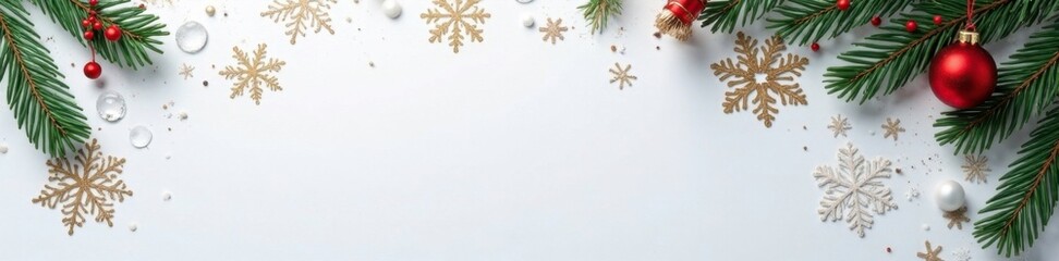 Snowflake ornaments scattered on a white background, pine, sparkly, frozen