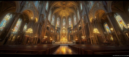 Obraz premium Grand Interior of A Gothic Cathedral with Vaulted Ceilings and Stained Glass Windows