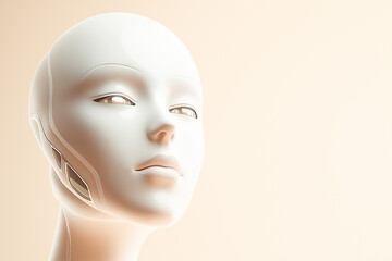 A simple robot face hovers quietly, showcasing a neutral expression. Soft, diffused light enhances the futuristic minimalism of the scene set during midday