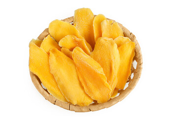 dried mango in a wicker basket isolated on white background. Top view. Flat lay.