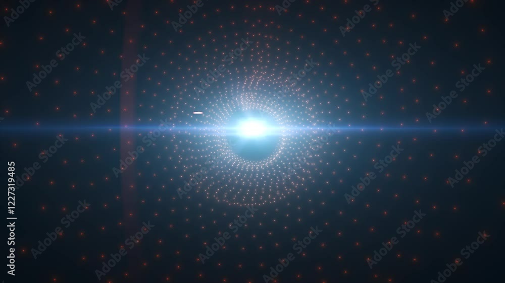 Poster red and gold digital grid pattern forming a tunnel effect with a radiant light center, representing 