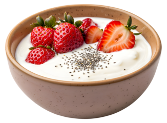 Creamy yogurt bowl topped with fresh strawberries and chia seeds. A healthy and delicious breakfast!, cut out,transparent background