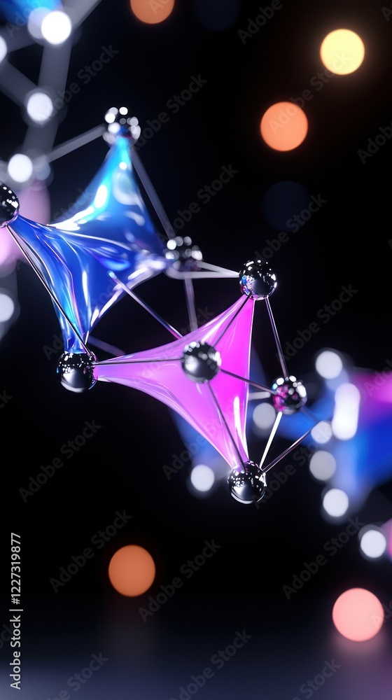 Aufkleber abstract 3d geometric network with shiny triangles and bokeh lights