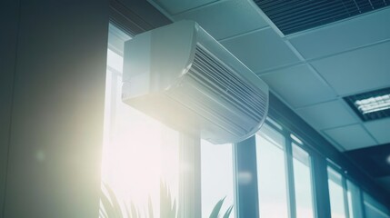 Obraz premium A close-up of a wall-mounted air conditioner in a bright office space, with natural light streaming through the windows.