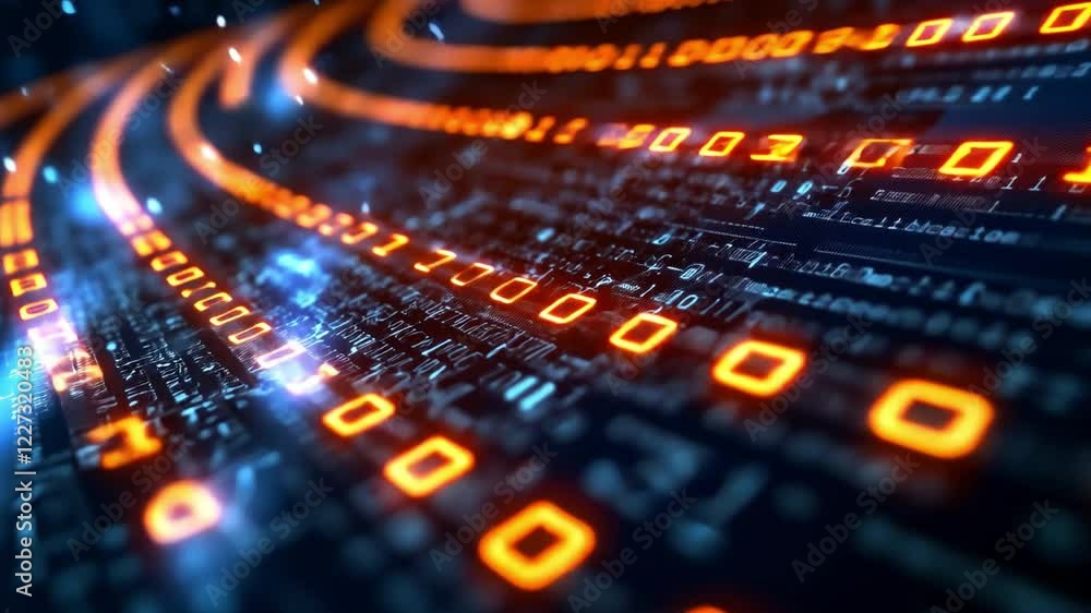 Poster abstract representation of digital data flowing in a futuristic binary environment at night