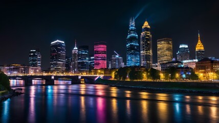 Obraz premium Vibrant City Night Skyline with River Reflections
