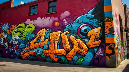 Vibrant Colorful Graffiti Mural on Brick Building Wall