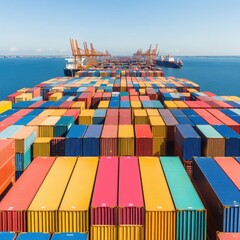 Aerial view of colorful shipping containers arranged at a busy port, showcasing the logistics and maritime industry.