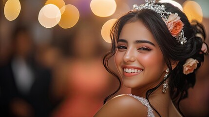 A joyful quinceanera, with the guest of honor dancing the waltz