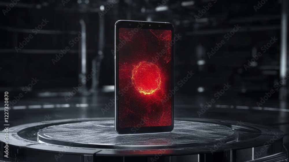 Poster a black and red flat smartphone standing on its side with the screen facing forward. the phone's dis