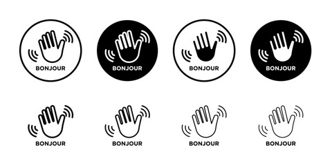Bonjour text with hand wave icon linear logo isolated © student