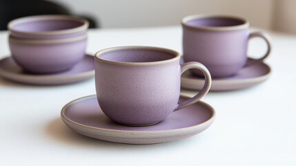 Fototapeta premium Tiny espresso cups in matte purple stoneware, paired with matching saucers for a minimalist coffee setup.