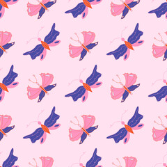 Obraz premium Cute seamless pattern with hand-drawn butterflies in dark blue and pink shades on a pastel pink background