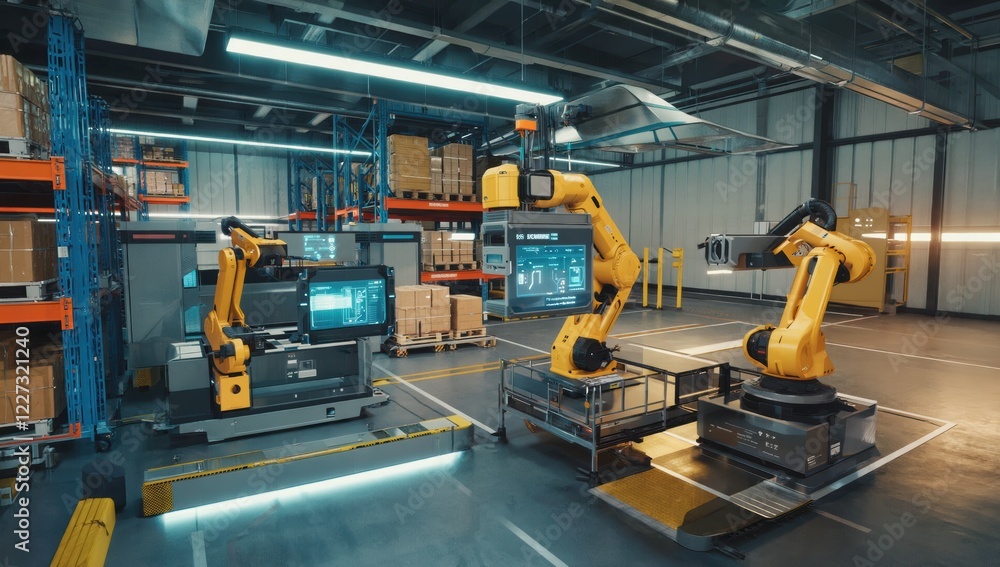 Poster robotic arms efficiently moving packages within an automated warehouse, optimizing logistics and enh