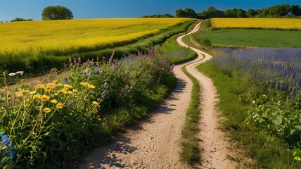 Winding Dirt Path Through Vibrant Wildflower Fields Under a Sunny Sky
