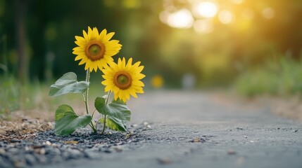Two sunflowers growing through a cracked paved path under soft, warm sunlight