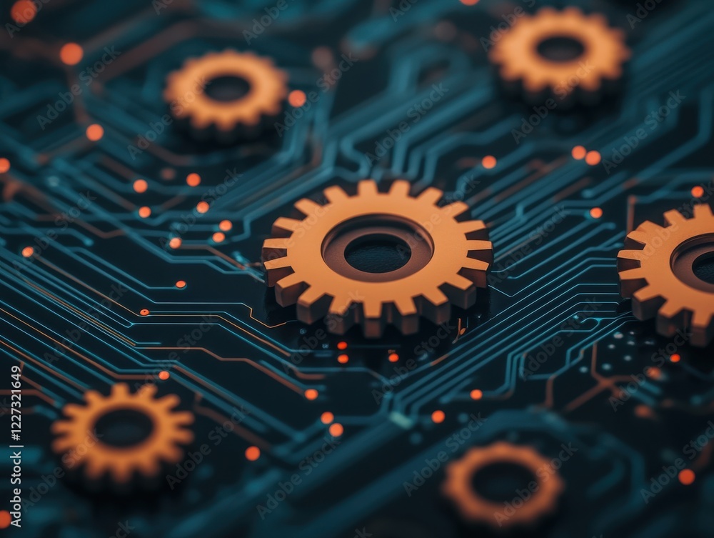 Poster close-up view of interconnected gears on a circuit board, representing the synergy between mechanica