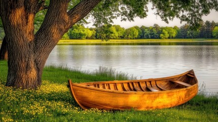 Wooden rowboat rests on lakeshore, beneath a large tree, surrounded by wildflowers and lush greenery.