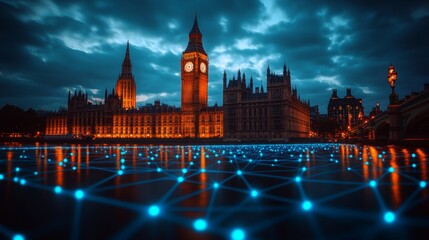 Fototapeta premium UK Parliament Building With Digital Network Overlay, Connectivity And Technology Concept