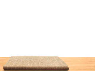 Empty sackcloth on wooden table PNG transparent.
