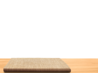 Empty sackcloth on wooden table PNG transparent.