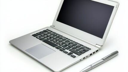 Sleek silver laptop with a blank screen and silver pen on a clean white surface