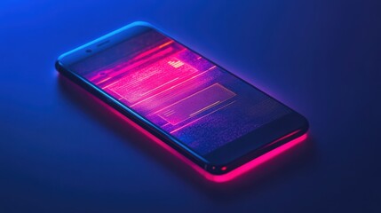 A phone with a pink screen is on a blue background