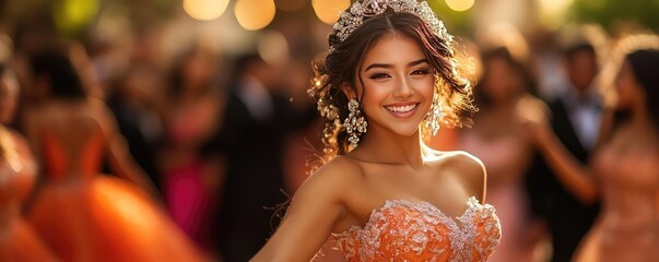 A quinceanera with a young woman in a stunning gown, dancing with family