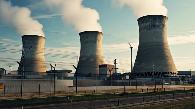 View on cooling towers of nuclear power plant thermal power station in which heat source is nuclear reactor.