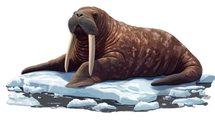 A walrus resting on an ice floe, showcasing its tusks and blubbery body, vibrant colors, and detailed features.