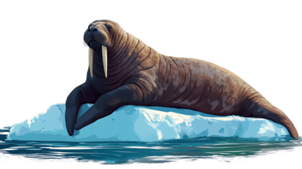 A walrus resting on an ice floe in a serene ocean environment, showcasing its tusks and blubbery body.