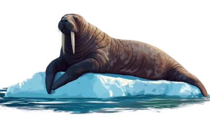 A walrus resting on an ice floe in a serene ocean environment, showcasing its tusks and blubbery body.