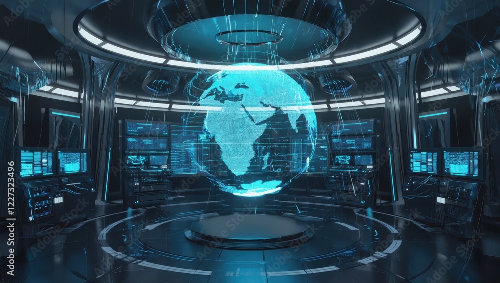 Poster futuristic command center uses a holographic earth display to monitor global network activity, visua