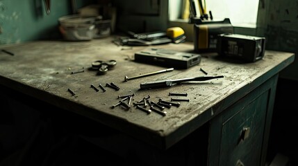A close-up of a workbench in an empty house, featuring nails, screws, and a tape measure.