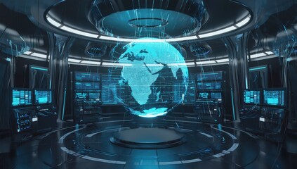 Futuristic command center uses a holographic earth display to monitor global network activity, visualizing data streams and connections in a high tech environment