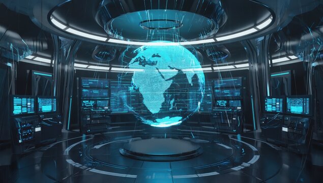 Futuristic command center uses a holographic earth display to monitor global network activity, visualizing data streams and connections in a high tech environment - Powered by Adobe