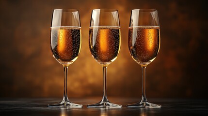 Three Elegant Champagne Glasses Filled with Sparkling Drink Against a Warm Background for Celebrations or Special Occasions