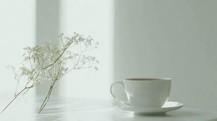 Fototapeta premium A minimalistic still life with white flowers and a cup of coffee under soft light