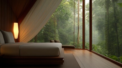 Fototapeta premium A serene bedroom with large windows overlooking a lush forest, blending nature with modern design for a tranquil retreat.