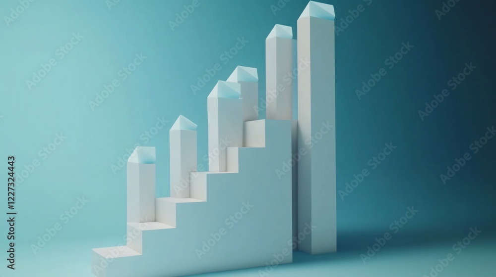 Aufkleber abstract 3d rendering of stairs with white and light blue colored geometrical shapes on a gradient b