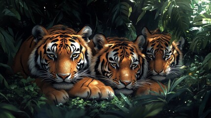 Fototapeta premium A Trio of Tigers: A Majestic Family Portrait in the Heart of the Jungle's Embrace