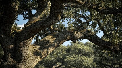 Obraz premium Low-angle view of majestic oak tree branches, sunlight dappling through leaves against a blue sky.