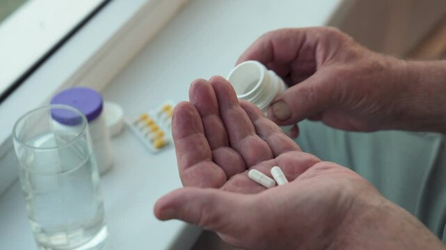 Closeup hands with old man with deep wrinkled takes out pill from bottle on palm. Takes aspirin antibiotics painkillers. Vitamins and trace elements. Elderly people takes medicine. Maintaining health