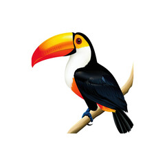 Naklejka premium Colorful Toucan Bird Sitting on Branch in Tropical Jungle Setting isolated on transparent background