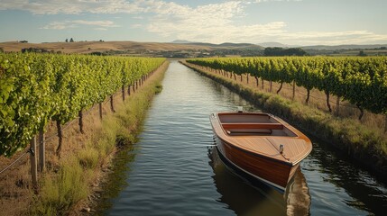 Fototapeta premium A serene boat floats along a waterway lined with lush vineyards, under a clear sky, showcasing a picturesque agricultural landscape.