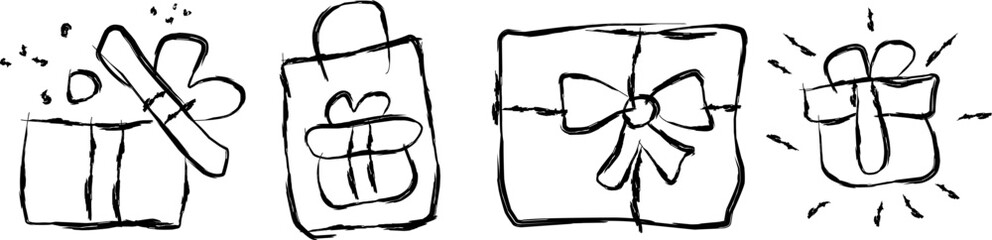 set of gift boxes in Doodle style. hand drawn heart shaped box and gift bag. Hand drawn presenting collection. Graphic design element for advertising, flyer, poster, web shop sale