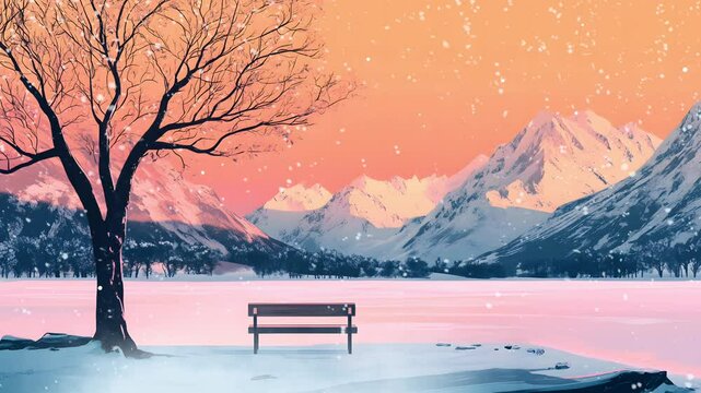 Empty bench under a tree overlooking frozen lake and snowy mountains during sunset. Seamless looping time-lapse animation video background  
