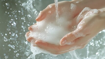 Fototapeta premium A close-up of hands lathering with soap under running water, with droplets sparkling as the water flows from the faucet.