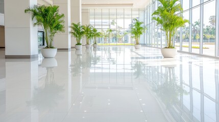 Fototapeta premium Modern building lobby with plants, bright sunlight, and reflective floor. Use Real estate, architecture